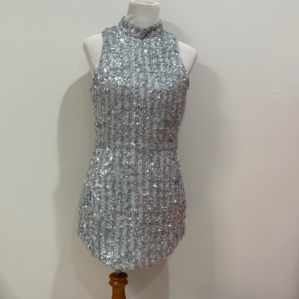 Amanda Uprichard Silver Sequin Mini Dress
